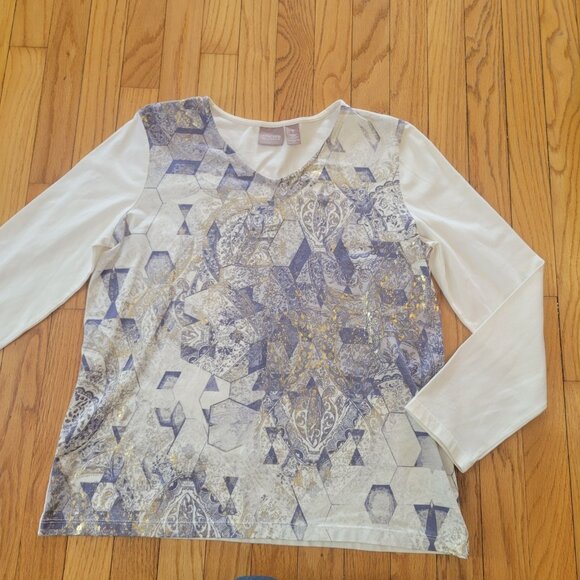 Chicos Womens Long Sleeve Hexagon & Paisley Print Top Size 1 M White Blue Gold - Picture 2 of 5